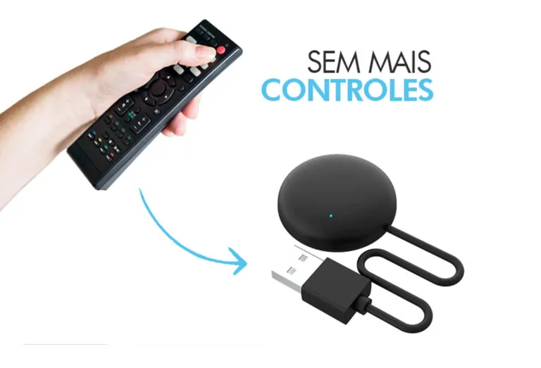 Mão segurando vários controles remotos e, ao lado, o controle universal Allure