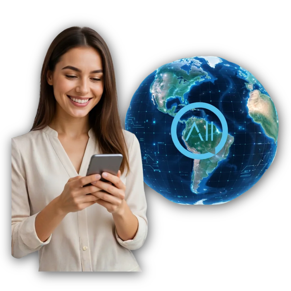Mulher sorrindo com o celular na mão ao lado de um globo com o símbolo da Allure